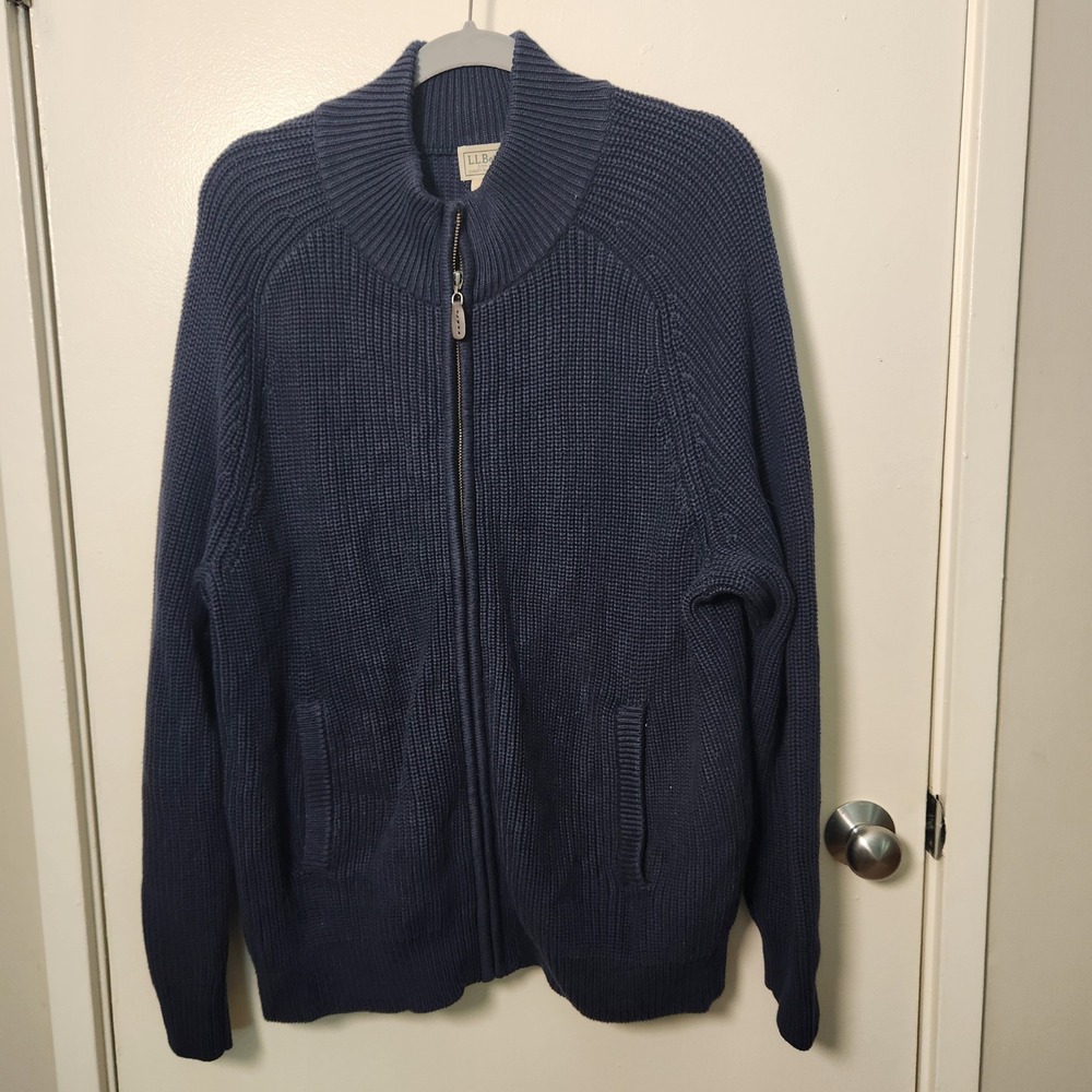 L.L. Bean Men's Full‎ Zip Blue Knit Chunky Cardigan Sweater Large 100% Cotton